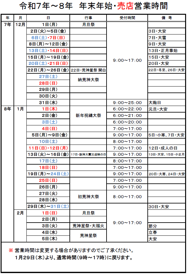 売店の年末年始の受付時間