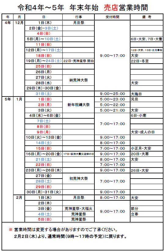 売店の年末年始の受付時間