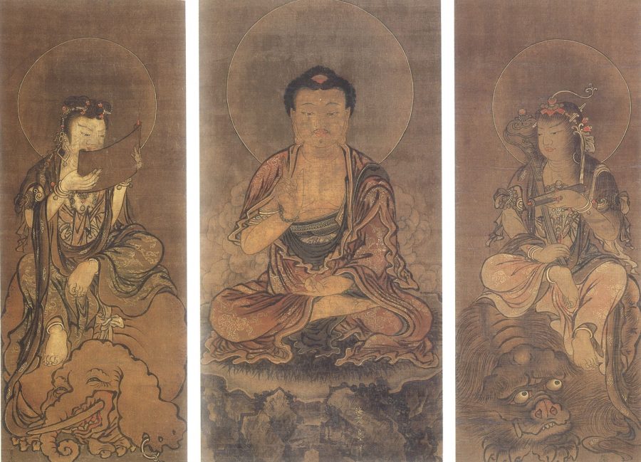 良全筆　《釈迦三尊像》（三幅対）　南北朝時代
